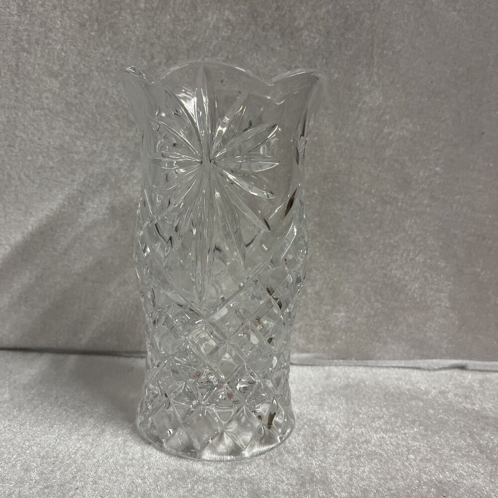 24% LEAD CRYSTAL HURRICANE CANDLE GLOBE Star Burst Diamond Cut Top Ruffle 6.5"